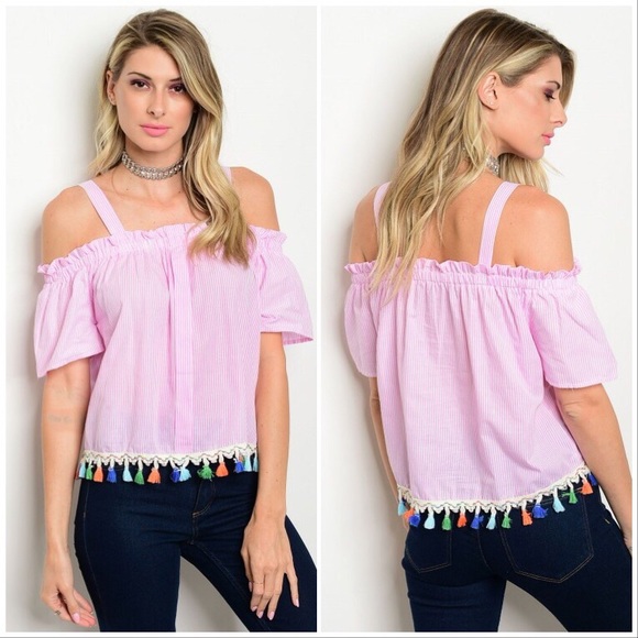 Tops - Pink White Off Shoulder Top